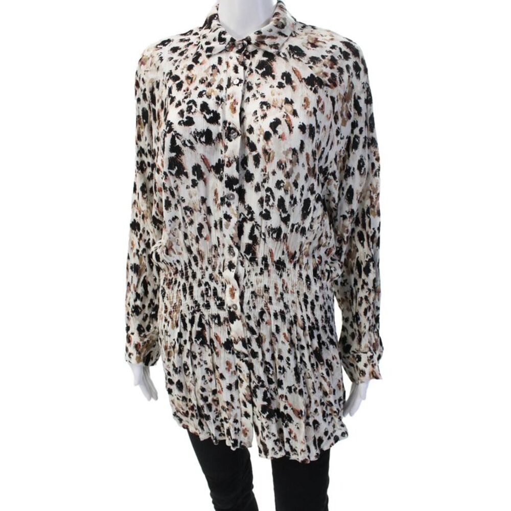 Cindi Gindi Women Leopard Collared Tunic Long Sleeve Button Up Beige Size L